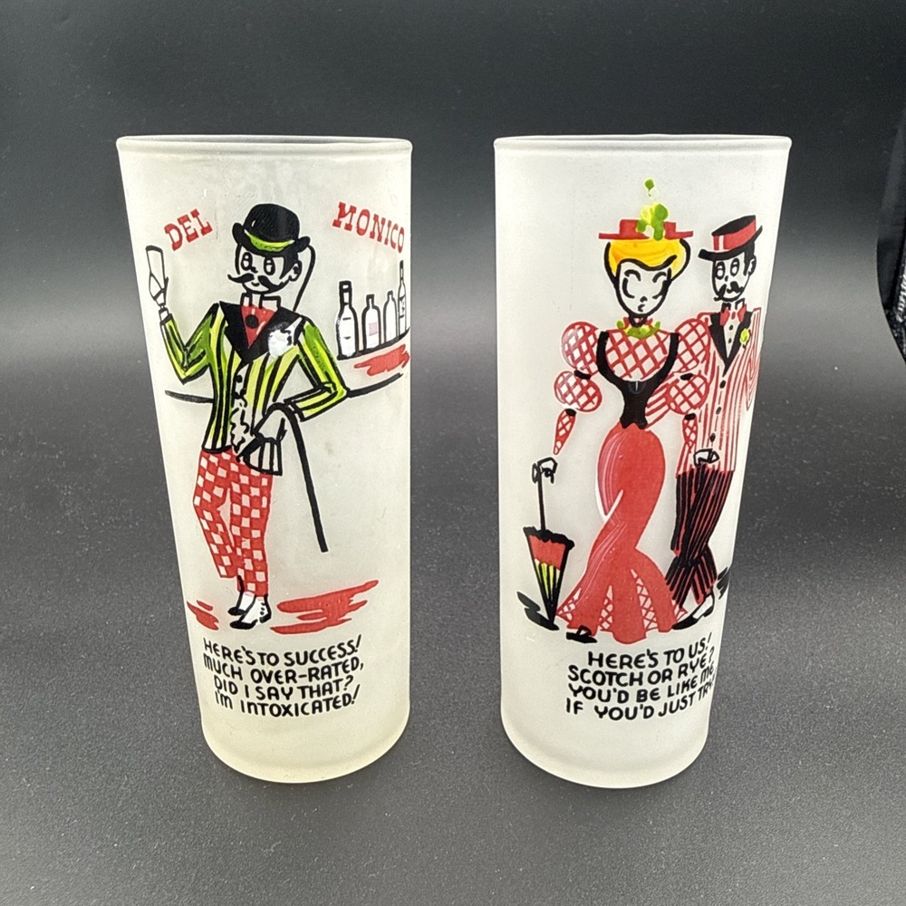 Vintage Federal Glass Set Of 2 "Gay Fad" Of The 20's-30's Frosted With Graphics